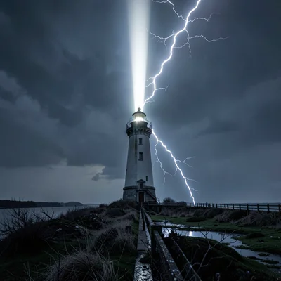 Lighthouse beam and lightning bolt in same frame, vertical symmetries, human str