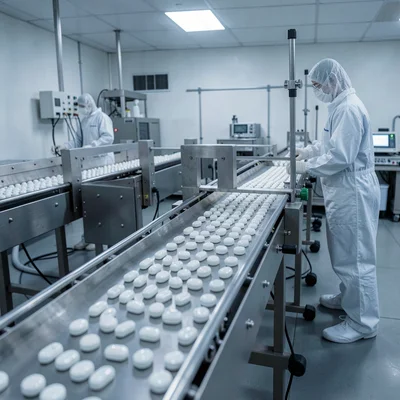Precise geometric composition, industrial clarity, Pharmaceutical production lin