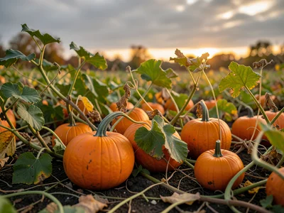 Field of pumpkins still on vine, orange against green, overcast autumn sky