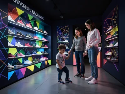 Shoe store with child trying on new school shoes, parent watching
