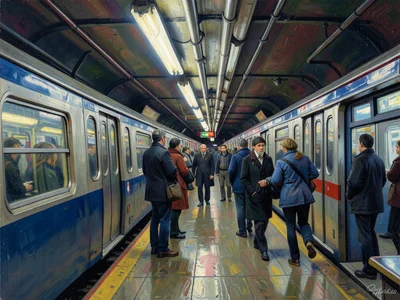 Subway platform with waiting commuters in impressionist style, flickering fluore