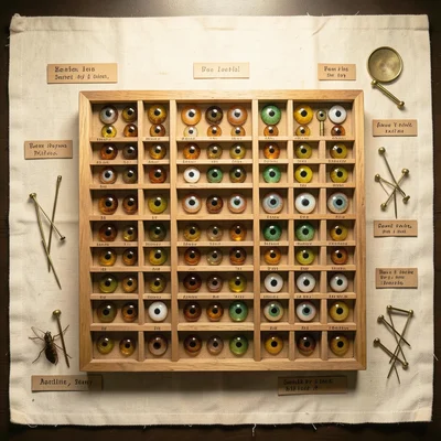 A taxidermy supply drawer containing glass eyes sorted by species and size, hund