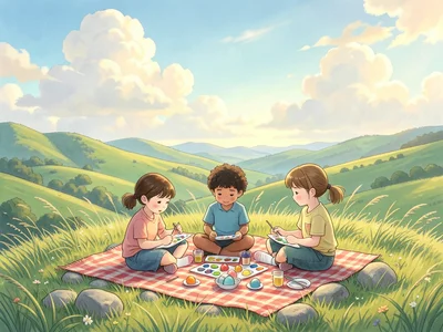 Three children sitting in a circle on a grassy hilltop painting eggs with waterc
