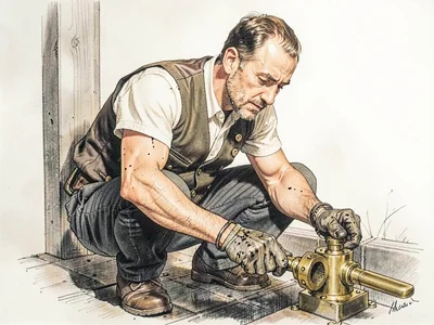 The crouched railway-engineer adjusts brass coupling, oil-streaked gauntlets gri