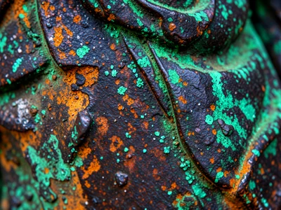 Bronze statue surface, dark brown patina with green deposits in recesses, centur