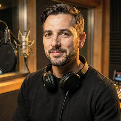 Voice director portrait at a recording booth window, headphones around the neck,