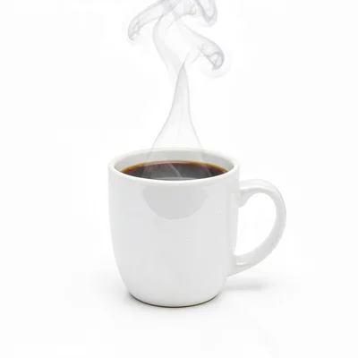 Coffee mug with steam, white ground