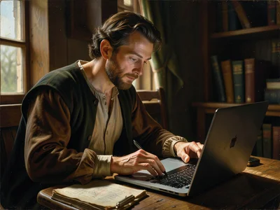Coding on laptop rendered in Renaissance style, programmer as scholar, warm oil 