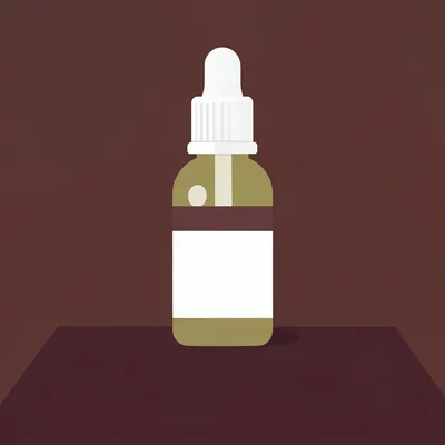 Flat-color catalog illustration of a stylized beard oil bottle on a deep umber b