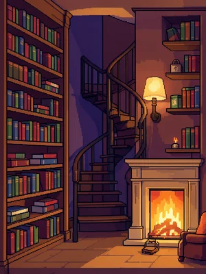 A pixel art library: tall shelves, a spiral staircase, reading nooks, a fireplac