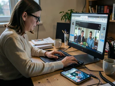 Person fake-typing while watching video reflected in glasses