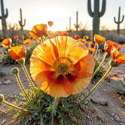 Mexican Poppy Face with Dewdrops