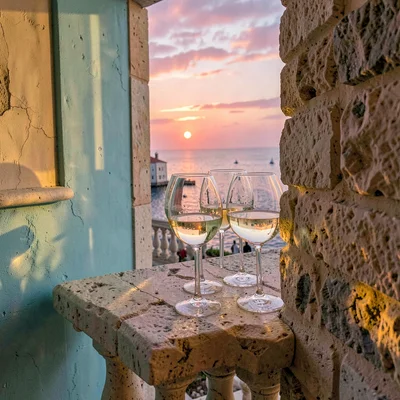 Adriatic limestone warmth, Dubrovnik honey stone, Wine glasses on stone balustra