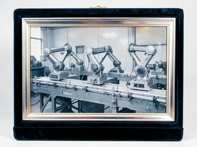 Three industrial robot arms in a row performing identical pick-and-place operati