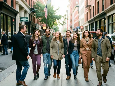 Group of friends walking down a city sidewalk, diverse styles, genuine laughter,