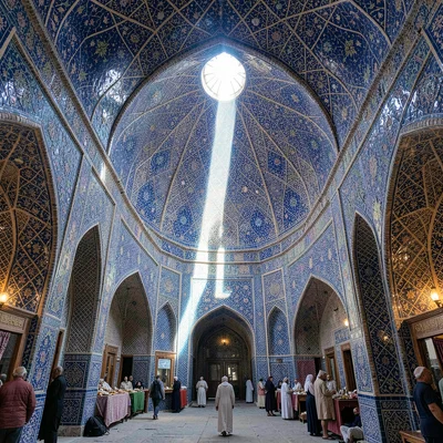 Samarkand blue majolica against Central Asian terracotta, tomb interior with lig