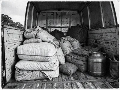 Truck bed with mattress, bundled belongings, and a water jug — the loaded vehicl