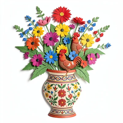 Polish wycinanki paper cut illustration, a bouquet of wildflowers in a decorativ