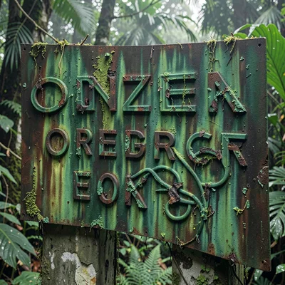 Tropical weathered surfaces, humid atmosphere, Metal signage with letters half-r
