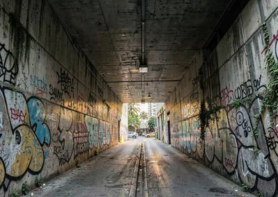 Tropical brutalist São Paulo, Brazil, pedestrian tunnel with pixação mural, trop