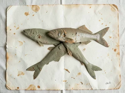 Two dried fish silhouettes overlapping at the tail, fins splayed, on a slightly 