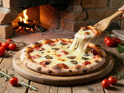 Rustic pizza on a wooden peel, fresh from a brick oven, cheese stretching as a s