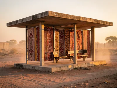 Brutalist bus shelter with Malian mud cloth pattern screens, dust road, golden h
