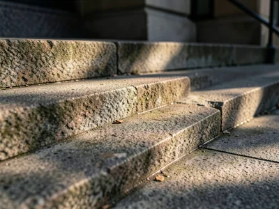 The granite steps of a courthouse entrance worn into concave saddles by a centur