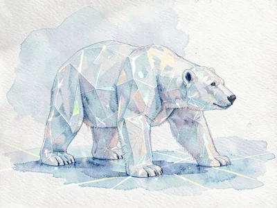 Oversized ice-clear lowpoly polar bear standing on all fours, thick translucent 