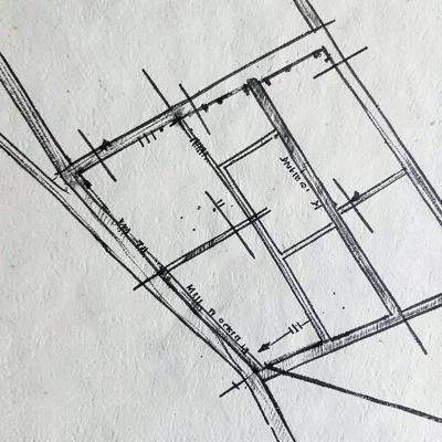 Hand-inked map of property boundaries with surveyor tick marks, slate ink on bon