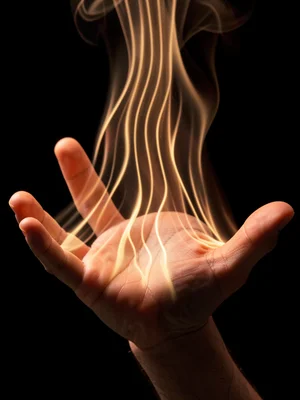 A human hand held palm-down, warm air currents rising from skin as wavy refracti