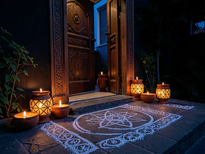 Diyas at Carved Wooden Doorway Threshold