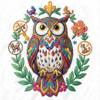 Otomi Tenango embroidery illustration, an owl with wisdom symbols surrounding it