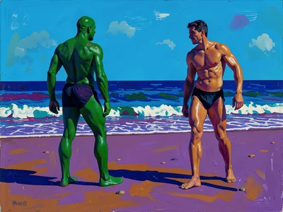 Beach figures in full midday — skin tones green and violet, sand a flat cadmium