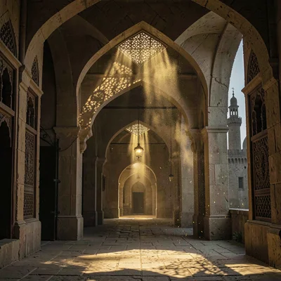 Islamic Cairo geometry, medieval city light, arched doorway sequence, each arch 