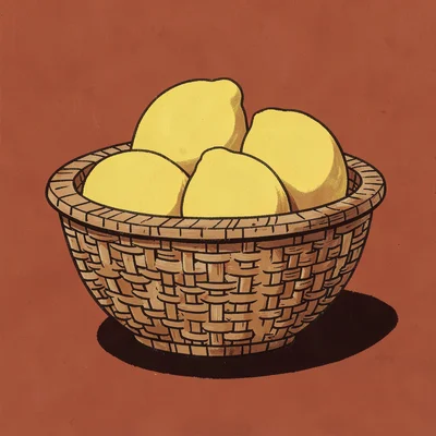 Close-up of a woven basket filled with lemons, flat yellow on rust red
