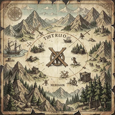 Fantasy map illustration, a pirate treasure map with X marks, cryptic landmarks,