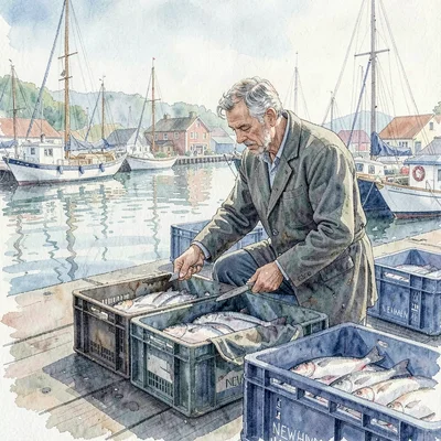 Watercolor of a fishmonger at Newhaven harbor mending crates, soft cool palette