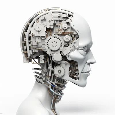 3D plastilina robot brain assembly tools on clean whi