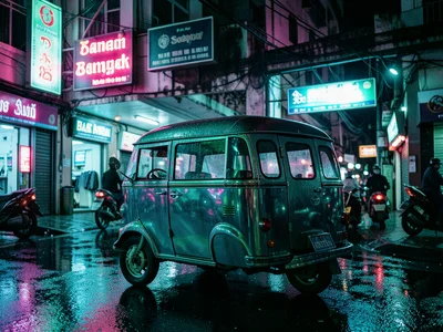 A Bangkok tuk-tuk parked under a neon sign, its chrome reflecting pink and green