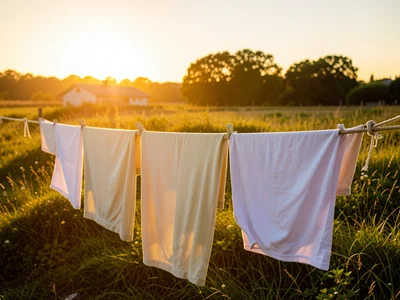 Laundry drying on line, backlit by golden hour sun, sheets billowing, rural sett