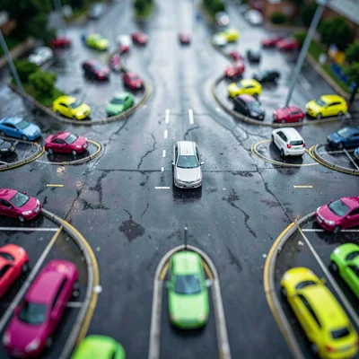 Just after rain, tilt-shift photograph from a parking-deck top of a highway clov