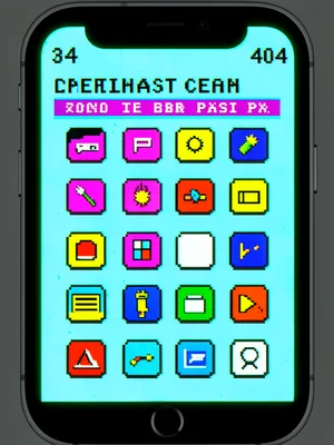 Smartphone rendered as teletext page, app icons as blocky pixel graphics, 8 colo