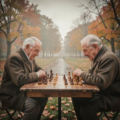 Humid atmospheric scene, Central European grandeur, Chess table in park with two