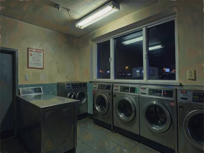 Laundromat at night, fluorescent light through window, impressionist treatment