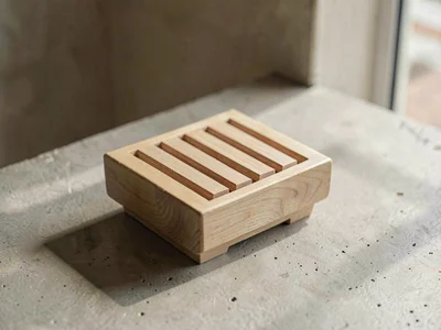 One handcarved wooden soap stand of pale ash with slatted top sitting on washed 