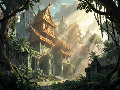 Forgotten fantasy city overgrown by jungle with sun shafts in dust, warm amber t