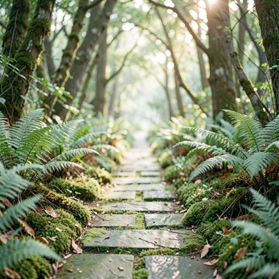 soft mossy stone path winding into a fern grove