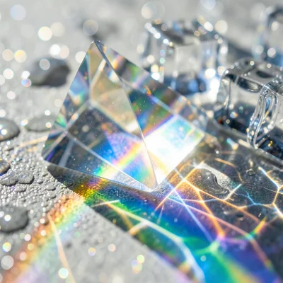 Prism refracting summer light onto ice cubes, rainbow spectrum on wet surface