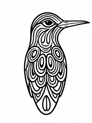 Hummingbird close-up — long beak, eye ovoid, chest feathers as layered U-forms